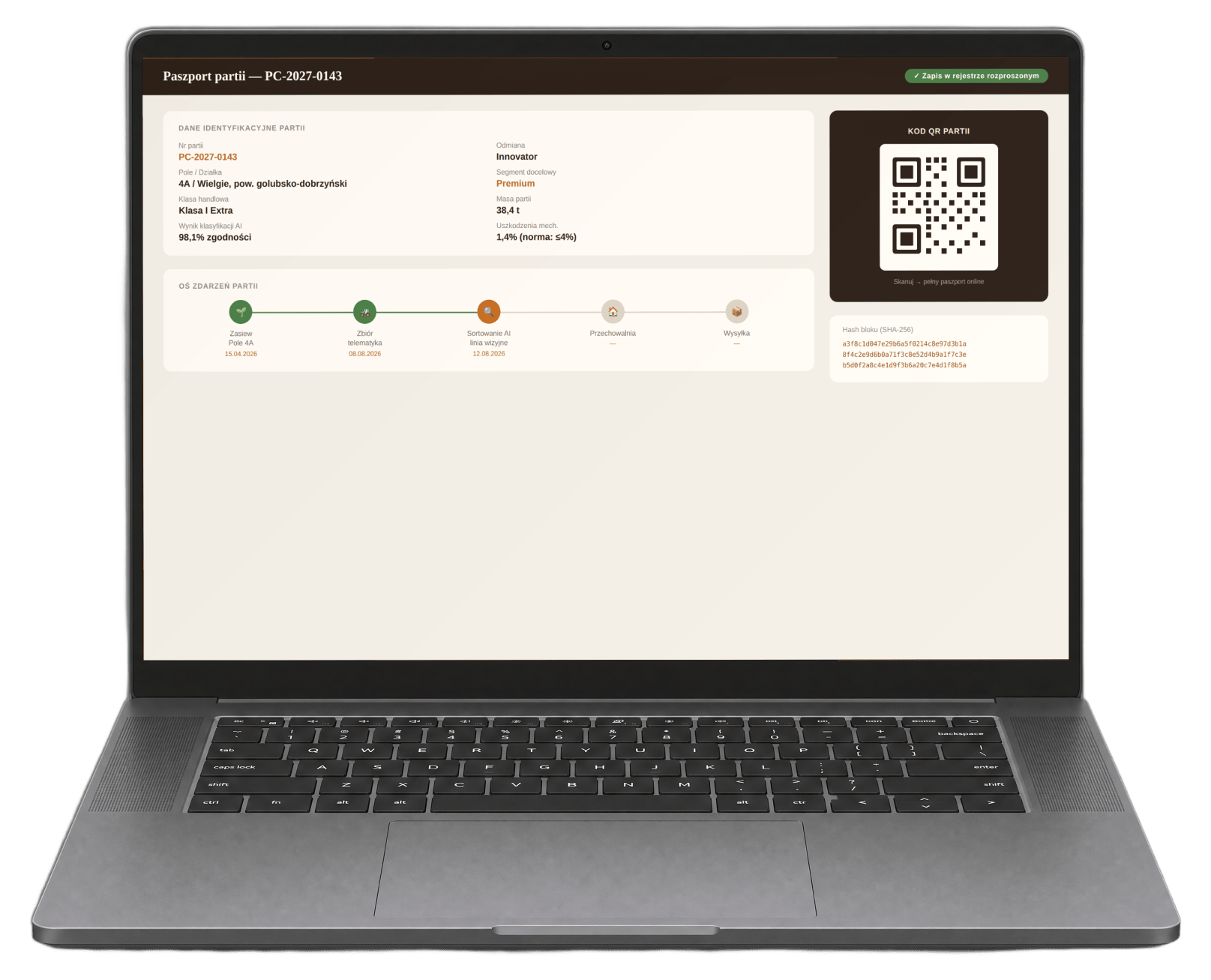 Laptop z paszportem partii i kodem QR
